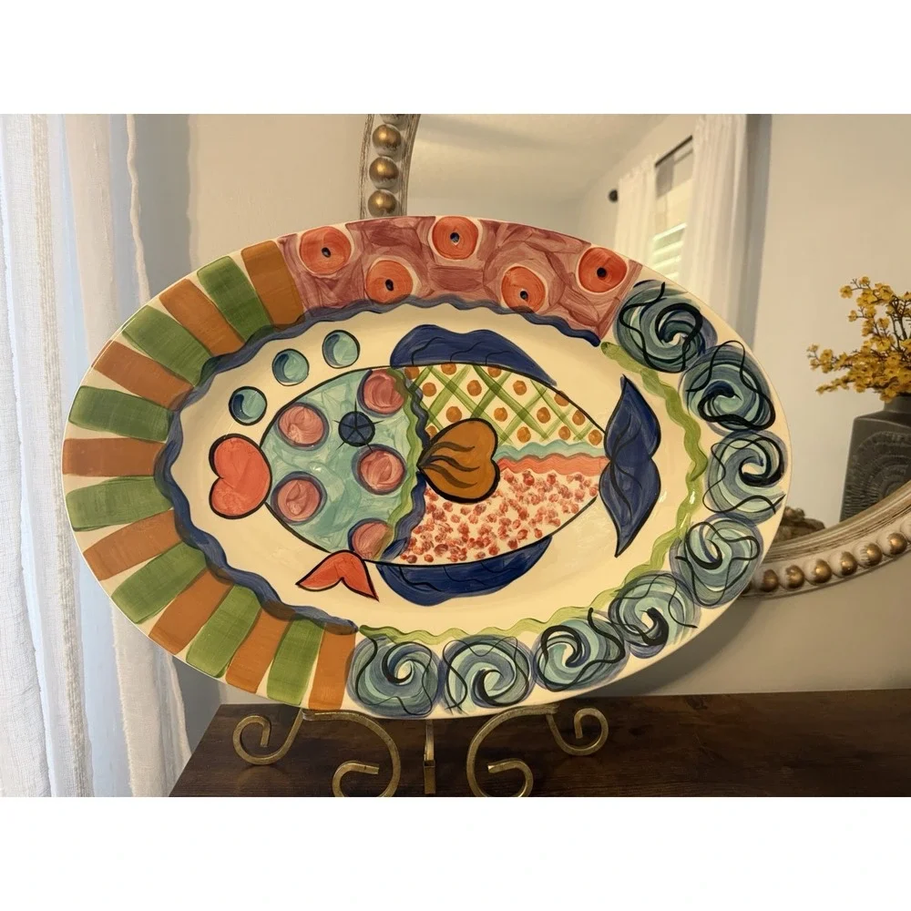 Vicki Carroll Studio Hand Painted Fish Platter 19.5